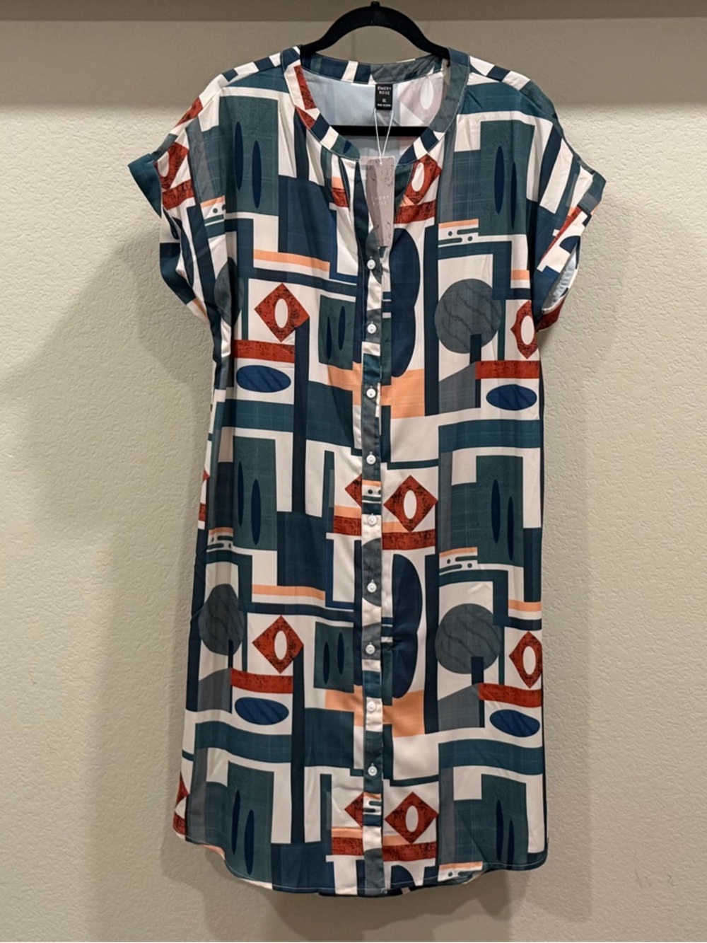 Geometric Print Midi Shirt Dress - Green Multi